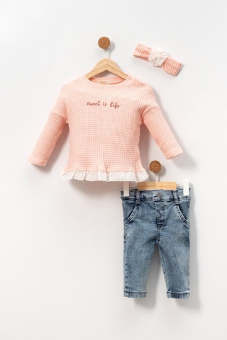 Dantel Detaylı Bandanalı Fırfırlı Yumuşak Doku Prenses 2'li Takım Şık Pembe