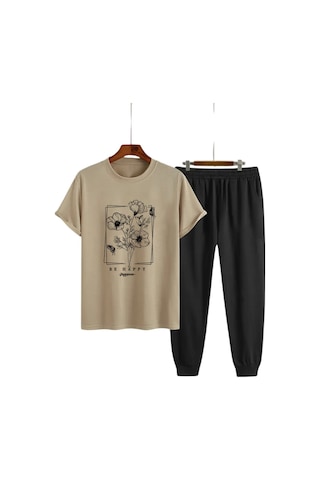 Uyguntarz Unisex Be Happy Tasarım Basklı Tshirt Eşofman Takımı Bej