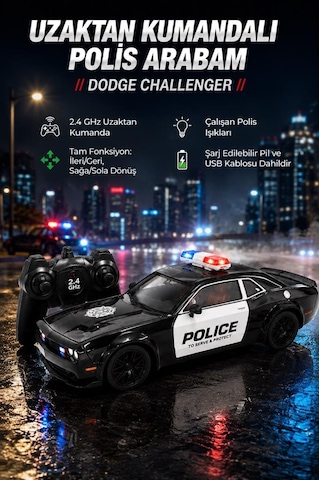 Dodge Challenger Tasarımlı 1:16 Ölçekli 2.4 Ghz Full Fonksiyon Şarjlı Uzaktan Kumandalı Polis Aracı Siyah