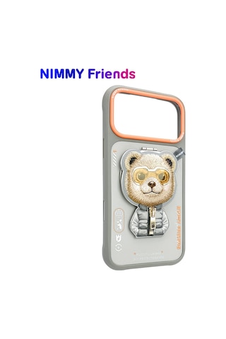Apple Uyumlu iPhone 17 Magsafe Stand Özellikli 3d Gözlük Ve Fermuarlı Bear Nakışlı Cool Cute 2.0 Kılıf 11a Şeffaf