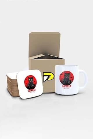 Catzilla Komik Kedi Tasarımlı Baskılı Kupa Bardak Seti, Eğlenceli Özel Hediye Mug Çok Renkli