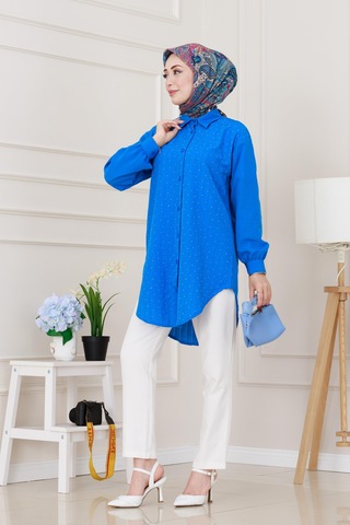 Sevitli Göğüsü Taş Detaylı Oversize Tunik-mavi-5228 Mavi