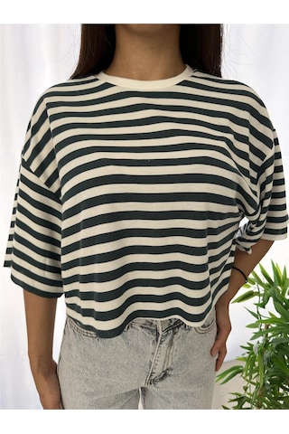 Çizgili Yeşil Oversize Tshirt Yeşil