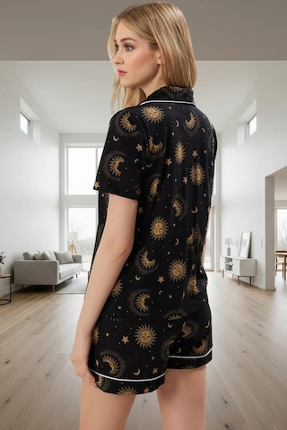 Ersefa Rahat Pamuklu Pijama Takımı Galaksi Desenli Şortlu Set Modern Sti Siyah