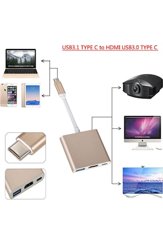 Wozlo Apple Uyumlu iPad  Pro 11" A1980 A1979 A1934 Type-C to Hdmi USB 3.0 Çevirici Dönüştürücü Kablo Gold