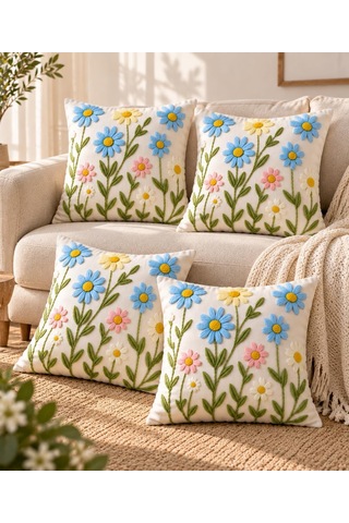 4'lü Set Çiçekli Dekoratif Kırlent Kılıfı 43x43 Cm, 3d Efektli Dijital Baskılı - Papatya Esintisi Çok Renkli