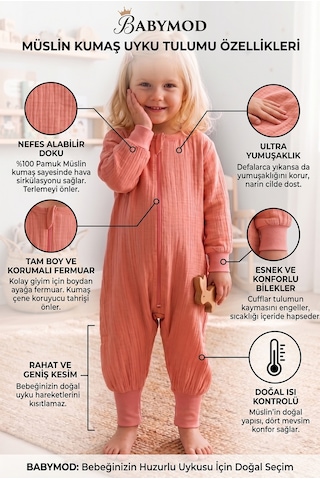 Baby Mod Müslin Uyku Tulumu 1.0 Tog Çocuk Yazlık Uyku Tulumu Uyku Gurusu %100pamuk Doğal Kumaş Tarçın