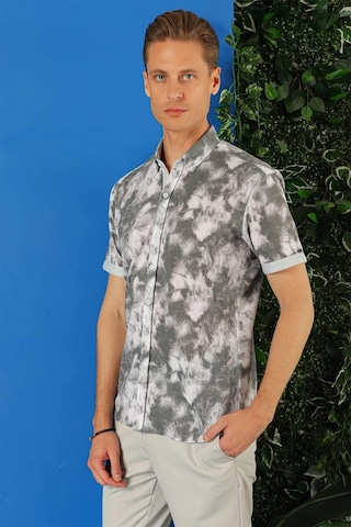 Efor Slim Fit Düğmeli Yaka Batik Desenli Kısa Kol Pamuk Gri Gömlek G 1502 Gri