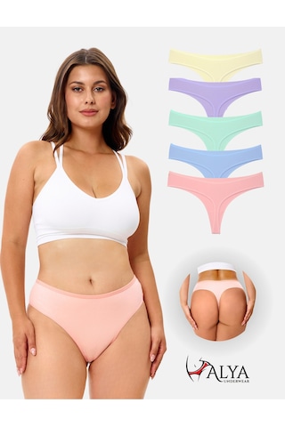 Alya Underwear Kadın Bato Tanga Pamuklu Külot, Büyük Beden String, 5'li Paket- 2 Siyah, 1 Beyaz, 2 Ten P15