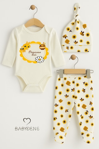 Babyden's Dayısının Balı Yazılı 3 Lü Takım Uzun Kollu Body, Patikli Alt Ve Şapka ,arılı Çiçek Desenli Bebek Takımı Ekru