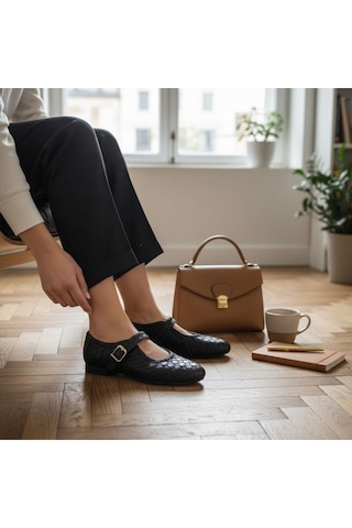 Ne&ve Shoes Kahve Hakiki Deri Örgü Detaylı Tokalı Kaddın Yuvarlak Burun Babet Siyah
