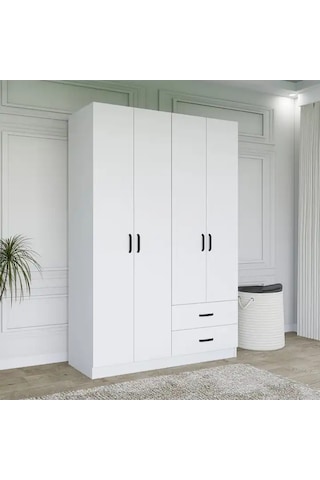 Yaman Mat Beyaz 4 Kapılı 2 Çekmeceli Elbise Dolabı - Gardırop Beyaz