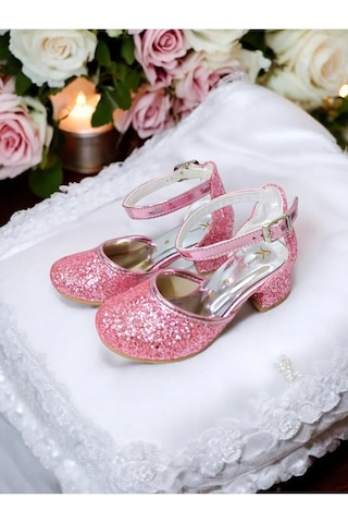 Nese Shoes Kız Çocuk Işıltılı Topuklu Ayakkabı, Kız Çocuk Abiye Ayakkabı Pembe