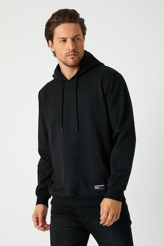 Mmetalic Erkek Siyah Basic Kapüşonlu Regular Fit Normal Kesim 2 İplik Kumaş Günlük Sweatshirt Siyah