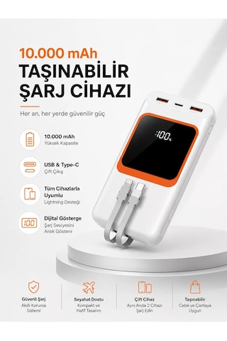 10.000 Mah Bataryalı Dijital Göstergeli Taşınabilir Powerbank Beyaz
