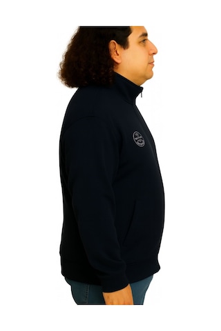 Erkek Büyük Beden 122-158 Kilo Arası İçin Uygun Pamuklu Geniş Kalıp Dik Yaka Fermuarlı Sweat Mont Lacivert