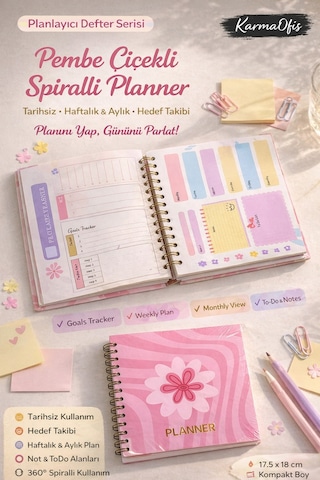 Pembe Çiçekli Spiralli Planner Defter Tarihsiz Haftalık Ve Aylık Planlayıcı, 17.5x18 Cm Diğer