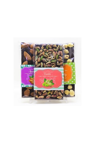 Dark Brown Tablet Bar Çikolata Gerçek Bitter Çikolata Badem Fındık ve Antep Fıstıklı 3 x 100 G
