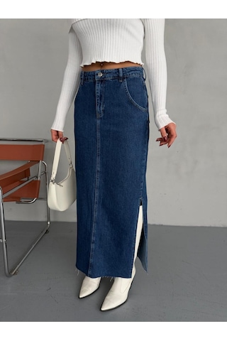 Zeo Basic Yanlardan Yırtmaçlı Jean Maxi Etek Mavi