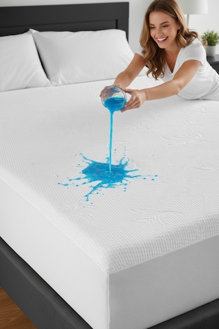 Safir Bambu Sıvı Su Geçirmez Tek Çift Kişilik Yatak Alezi Koruyucu Çarşaf Sessiz Fitted Full Kenar Beyaz