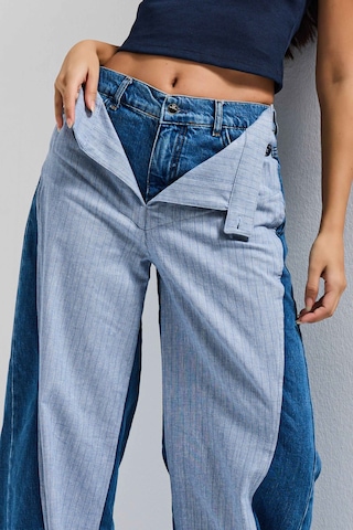 Itsbasic Kadın Kot Rengi Palazzo Fit Çift Kemer Detaylı Özel Tasarım Denim Jean