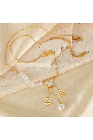 Sones Opk Gx2433 Vintage Hollow Kelebek Püskül İnci Kolye Paslanmaz Çelik Kolye