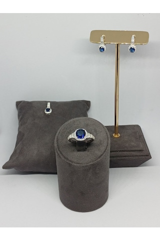 925 Ayar Gümüş Lacivert Safir Taşlı Takı Seti Kolye Ucu, Yüzük Ve Küpe Gümüş