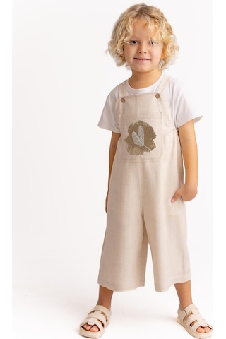 Unisex Tüğ Nakışlı Keten Salopet Naturel Naturel Bej