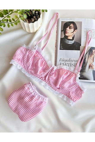 Pembe Saten Balenli Sütyen Takımı Pembe