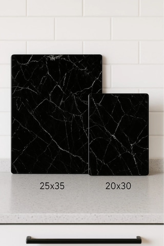 2'li Temperli Cam Kesme Tahtası 20x30 & 25x35 Cm Mermer Desenli Antibakteriyel Mutfak Doğrama Camı Siyah Mermer