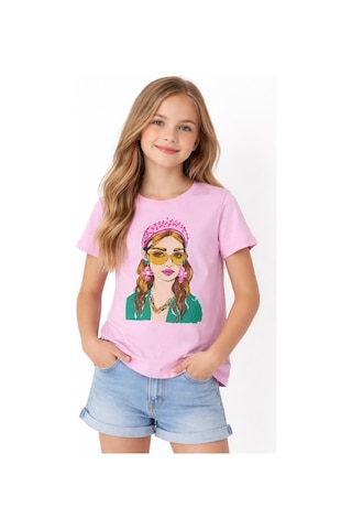 İrem Çocuk Giyim Kız Çocuk Önü Kız Desenli Taşlı Pembe Renk Kısa Kollu Tişört Pembe