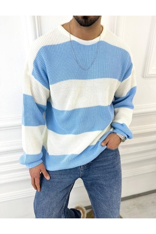 Kazak Oversize Tüylenmez Naturel Pamuk Örme Triko Kazak Mavi