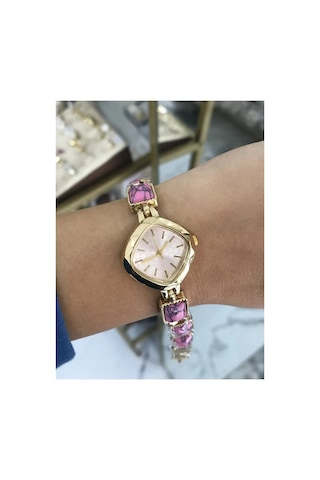 Pembe Desenli Boncuk Detaylı Kadın Saat Altın