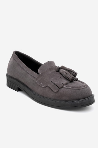 Milina Füme Süet Püsküllü Hakiki Deri Kadın Loafer Ayakkabı Füme