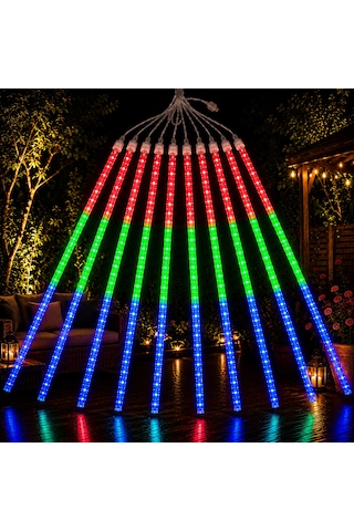 Yüksek Kalite Akan Işık Renkli Yağmur Damlası Led Işık 10 Dal 45 Cm Çubuklar 360 Ledli 4.60 Metre
