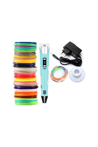 Mavi Renk 3D Pen Kalem Yazıcı ve 150 M Pla Filament 25 Renk x 6 M