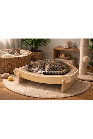 Pureza Ahşap Kedi Yatağı Ve Tırmalama Alanı Çift Fonksiyonlu Tasarım Sabit Yatak Ve Sallanan Form