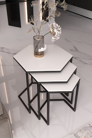 Usta Mekan Altıgen Siyah Metal Beyaz Mdf Tablalı 3lü Zigon Sehpa 6gen - Beyaz