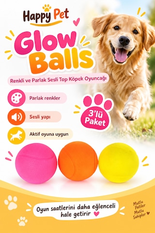 Happy Pet Glow Balls Renkli Ve Parlak Sesli Top Köpek Oyuncağı 3'lü Paket