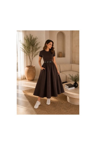 Unika Boutique Kadın Kemerli Poplin Midi Elbise Kahverengi