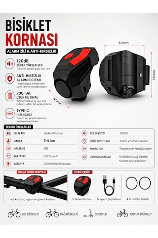 120 Db Usb Type-c Şarjlı Bisiklet Kornası Ve Anti Hırsızlık Alarmı Elektrikli Bisiklet Zili Scooter, Mtb Ve Yol Bisikleti Uyumlu 200mah Batarya Siyah