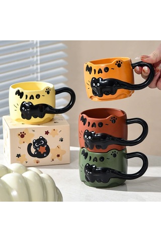 Suofeng Kedi Desenli Seramik Kupa Seti 380ml, Mikrodalga Güvenli, Kahve/süt İçin, Sarı, Ev Kullanıma Uygun Sarı