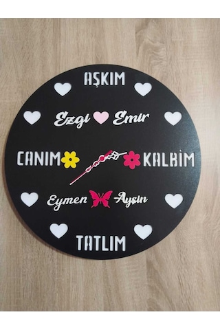 Sevgili-aşk-saadet-mutluluk Kişiye Özel İsim Yazılı Duvar Saati Siyah