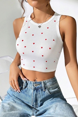 Bella Notte Mini Kalp Baskılı Model Crop Beyaz