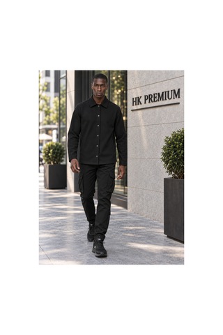 Hk Premium Erkek Gri Double Face Pike Gömlek Ceket Regular Fit, Çıtçıtlı, Uzun Kollu, Smart Casual Siyah