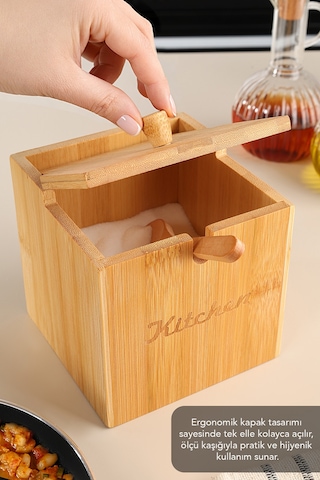 Kaşıklı Bambu Baharat Kutusu - Bambu Kapaklı Tuz Kabı Tuzluk Baharatlık Kutu 12x12 Cm Bej