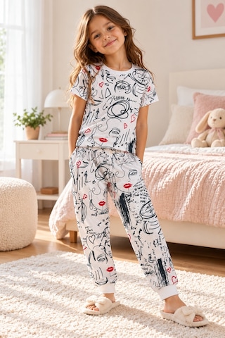 Luess Çocuk Baskılı %100 Pamuk Suprem Pijama Takımı-Beyaz