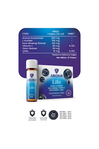 Aroxir Life Bağışıklık ve Enerji Desteği Aronya L-Karnitin Kore Ginsengi Vitamin C Üzüm Ekstresi ve Çinko 30 x 30 ML