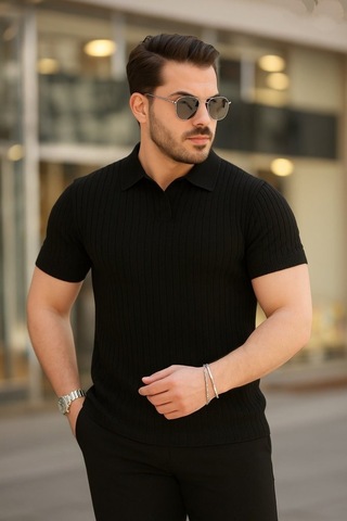 Veraura Lifestyle Erkek Kısa Kollu Yakalı Çizgi Desenli Triko Bluz Siyah