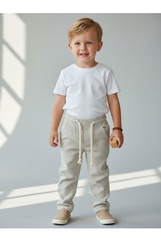 Zekids Erkek Çocuk Desenli Keten Pantolon-16807 Yeşil